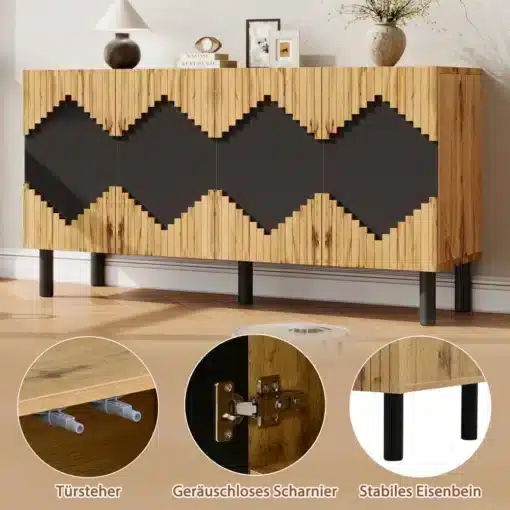 Elutoa puhvetkapp 4 uksega 140 × 40 × 70 cm | E-pood Tootemaailm Puidust kapp mustade dekoratiivsete esipaneelide, metalljalgade ja uksehingedega