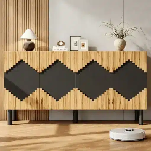 Elutoa puhvetkapp 4 uksega 140 × 40 × 70 cm | E-pood Tootemaailm Puidust mustriline kapp, laualamp, dekoratsioonid ja robottolmuimeja elutoa interjööris
