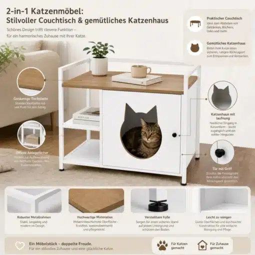 Kassiliivakasti kapp riiulitega ja kassi sissepääsuga | E-pood Tootemaailm 2-in-1 kassimööbel: kohvilaud ja kassimaja ühes, valge raam ja puidutooniga pealispind