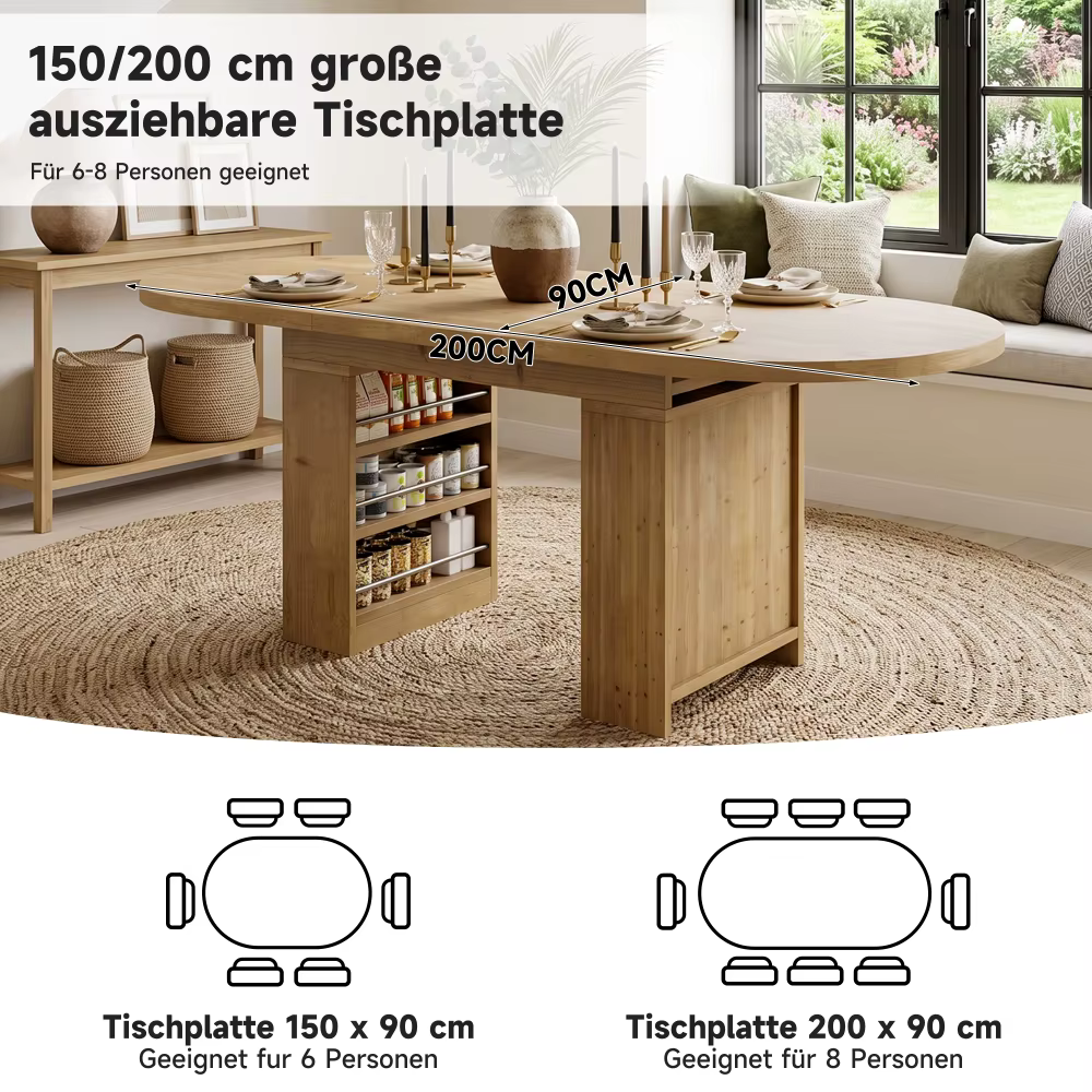 Pikendatav söögilaud panipaikadega 150–200 × 90 cm 6–8 inimesele
