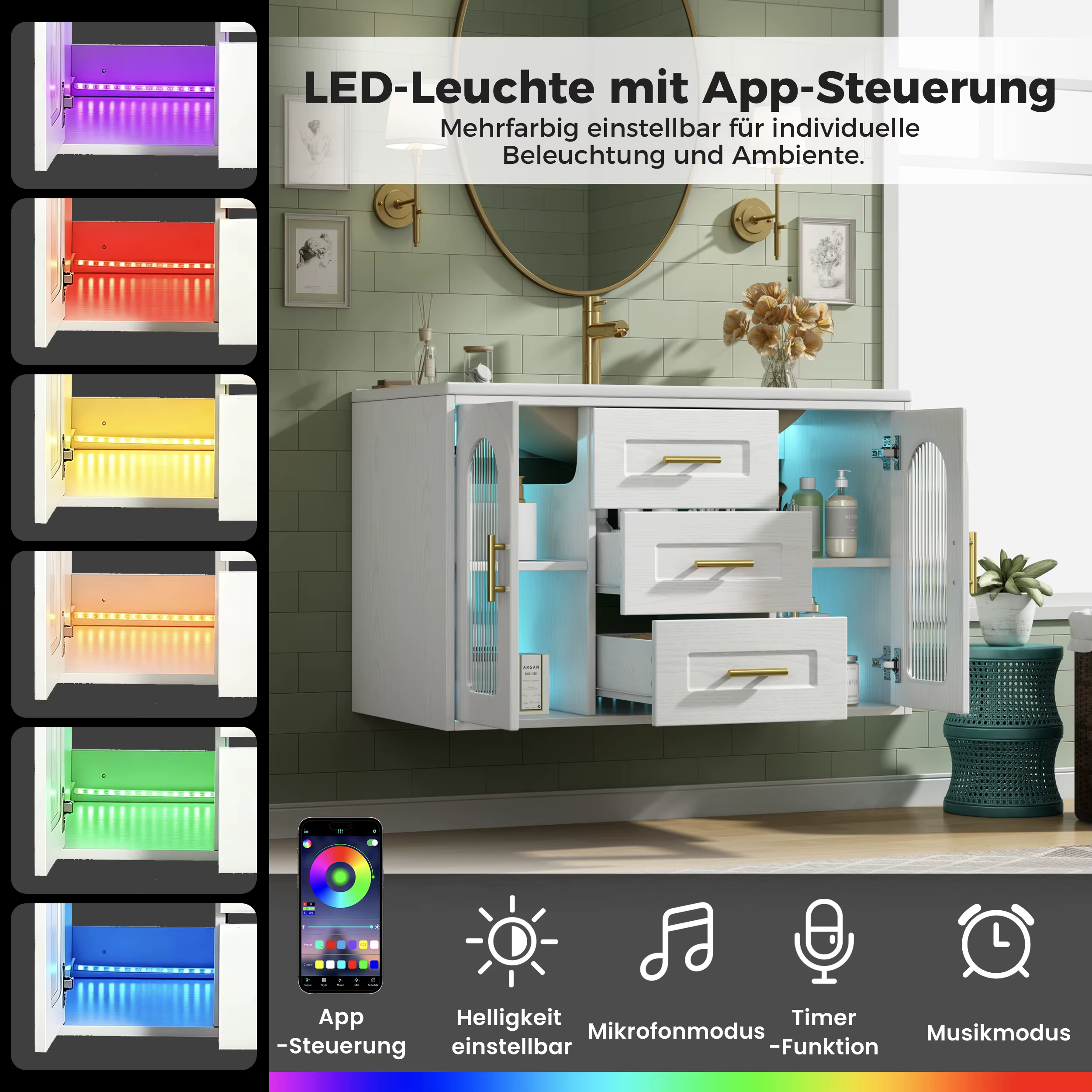 Valge LED-valgustusega vannitoakapp avatud sahtlitega, värvilised valgusrežiimid ja rakenduse juhtimise ikoonid