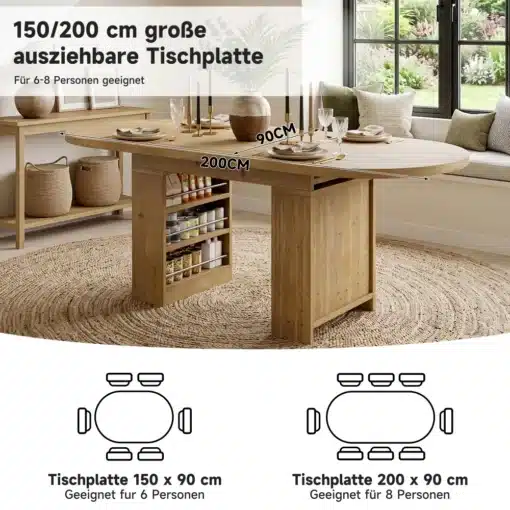 Puidust pikendatav söögilaud mõõtudega 150/200 x 90 cm, sobib 6–8 inimesele