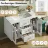 Valge vannitoakapp kolme sahtli ja kahe uksega, avatud riiulitega ja valamualune hoiuruum
