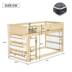 Puidust kõrge lastevoodi mõõtudega 213 x 100,5 x 120,5 cm, redeli ja turvapaneelidega