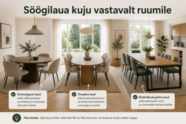 Söögilaua mõõdud 2–8 inimesele: kuju ja ruumivajadus | E-pood Tootemaailm Söögilaua mõõdud 2–8 inimesele: kuju ja ruumivajadus