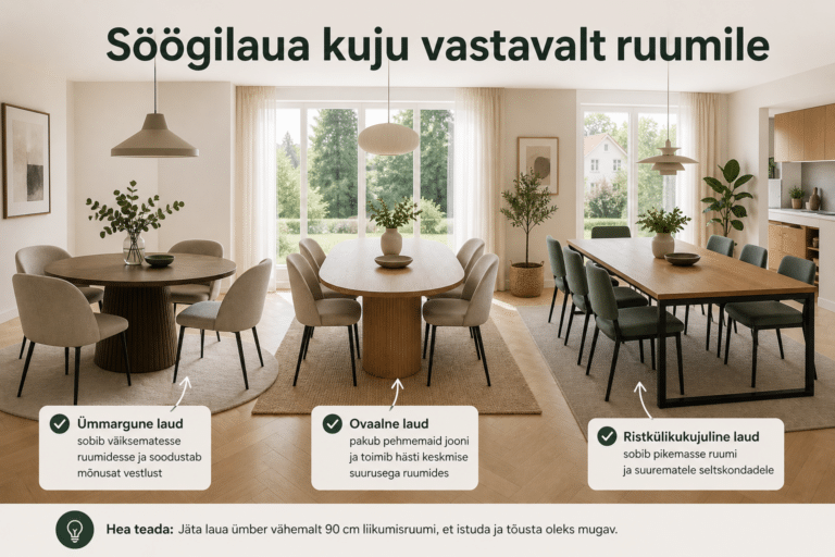Söögilaua mõõdud 2–8 inimesele: kuju ja ruumivajadus | E-pood Tootemaailm Söögilaua mõõdud 2–8 inimesele: kuju ja ruumivajadus