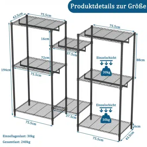 Reguleeritav riidestange 8 riiuli ja 5 riputustoruga | E-pood Tootemaailm Metallist riiulisüsteemi mõõtude skeem mitme tasapinnaga, kõrgus 194 cm