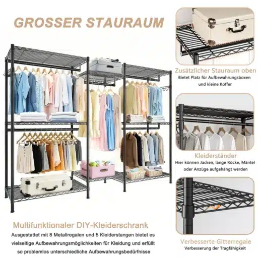 Reguleeritav riidestange 8 riiuli ja 5 riputustoruga | E-pood Tootemaailm Metallist moodulriidekapp metallriiulite ja riputustorudega, riiete ning hoiukastidega