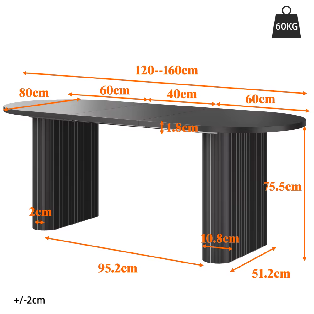 Must must söögilaud mõõtudega 120–160 x 80 cm, kõrgus 75,5 cm ja kandevõime 60 kg