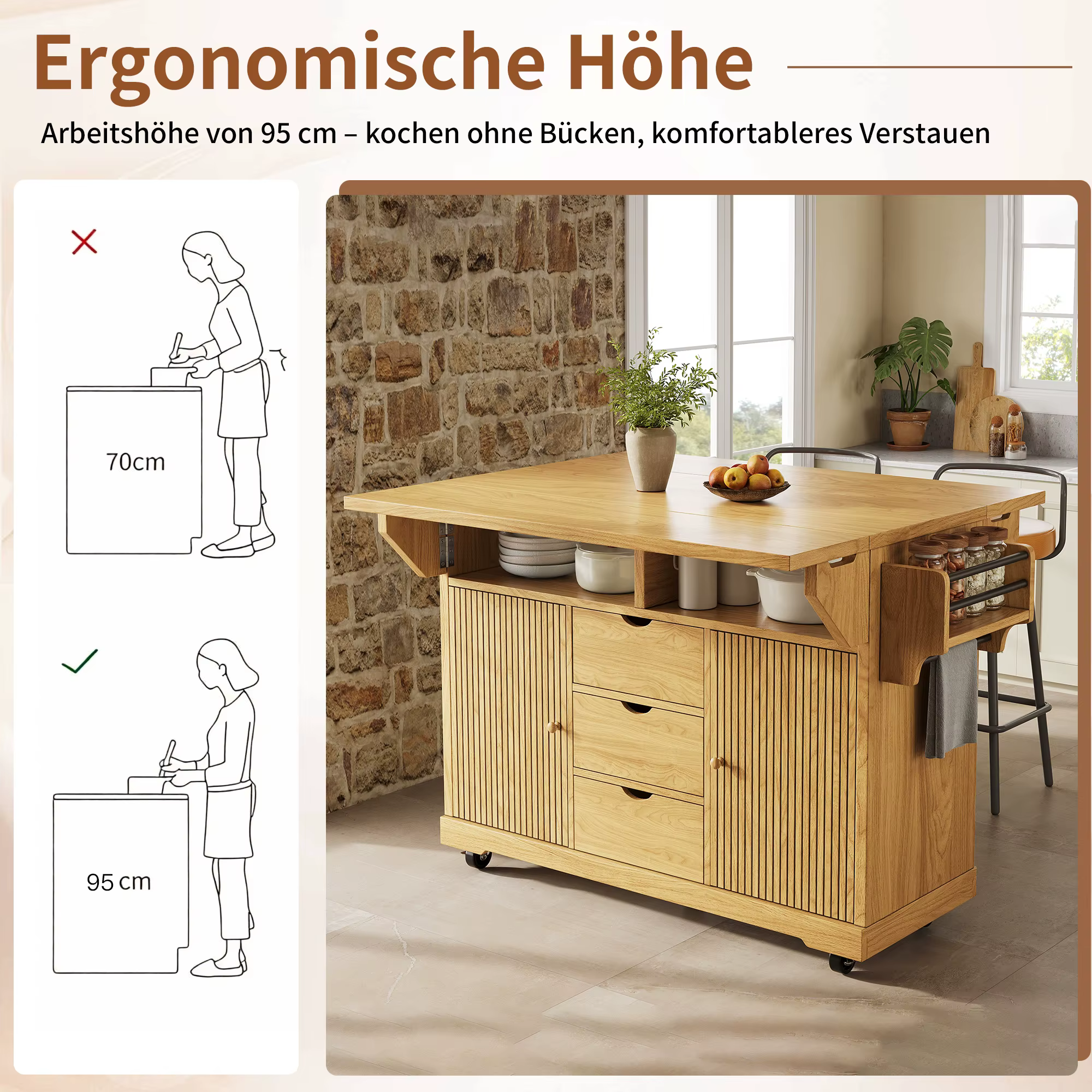 Puidust köögisaare ergonoomiline kõrgus 95 cm, panipaikade ja ratastega