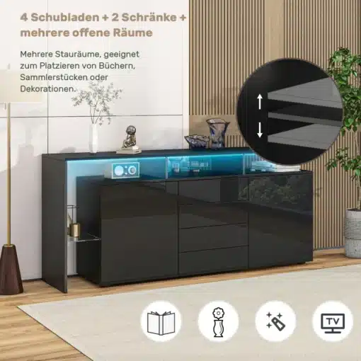 Elutoa sektsioon kappide, riiulite ja telerikohaga | E-pood Tootemaailm Must must vitriinkapp sinise LED-valgustusega, 4 sahtli ja 2 uksega elutoa mööbel