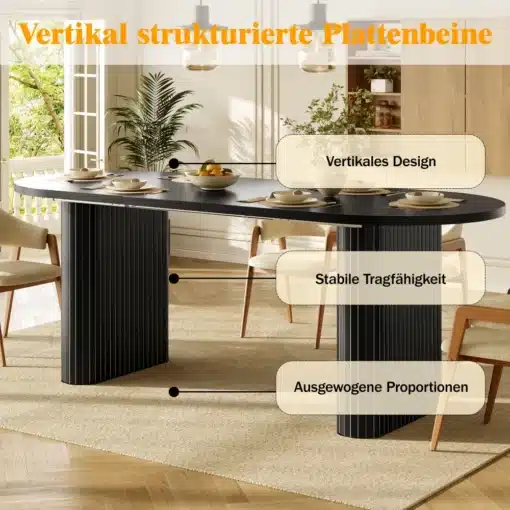 Pikendatav ovaalne söögilaud 120–160 cm | E-pood Tootemaailm Musta söögilaud vertikaalsete soontega jalgade ja ümarate servadega elutoas