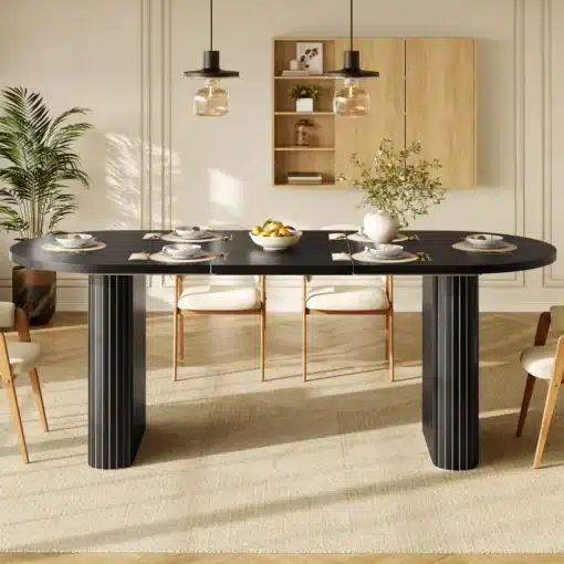 Pikendatav ovaalne söögilaud 120–160 cm | E-pood Tootemaailm Kaasaegne must ovaalne söögilaud ribadega jalgadel ja kaetud söögilaud minimalistlikus interjööris