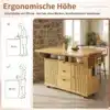 Kokkupandavate külgpaneelide ja sahtlitega köögisaar | E-pood Tootemaailm Puidust köögisaare tööpind 95 cm kõrgusel, ratastel kapp sahtlite ja avatud riiulitega
