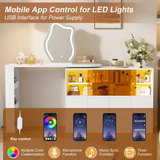 Pööratav LED-valgustusega peegliga tualettlaud hoiukapiga | E-pood Tootemaailm LED-valgustite juhtimine mobiilirakendusega ja USB-toite ühendus, näidatud interjööris