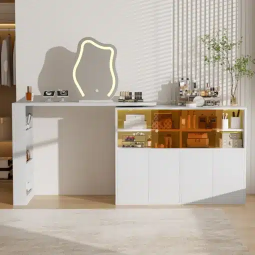 Pööratav LED-valgustusega peegliga tualettlaud hoiukapiga | E-pood Tootemaailm Valge meigilaud valgustatud peegli, avatud riiulite ja hoiukappidega minimalistlikus toas