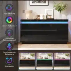 Must must vitriinkapp LED-valgustusega ja värviliste valgusrežiimidega elutoas
