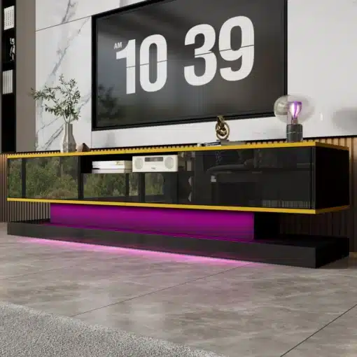 Kõrgläikega telerikapp 3 sahtli ja LED-valgustusega | E-pood Tootemaailm Must ja kollase raamiga modernne TV-alus, klaasustega, lillaka LED-valgustusega