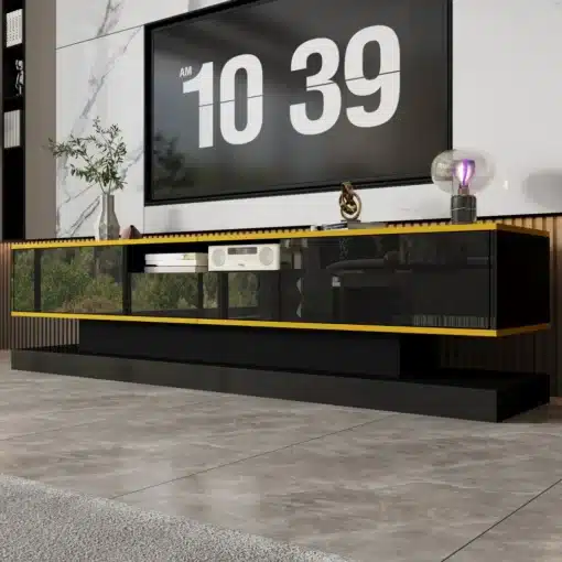 Kõrgläikega telerikapp 3 sahtli ja LED-valgustusega | E-pood Tootemaailm Moodne musta ja kollase servaga TV-kapp klaasustega elutoas