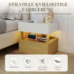 Moodne valge ja naturaalpuidust öökapp voodi kõrval, avatud riiuli ja LED-valgustusega