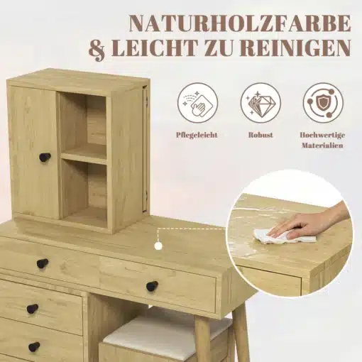 Meigilaua komplekt peegli, 5 sahtli, külgkapi ja taburetiga | E-pood Tootemaailm Puidust kummut sahtlite, riiuli ja uksega; näidatud lihtsalt puhastatav pind