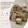 Meigilaua komplekt peegli, 5 sahtli, külgkapi ja taburetiga | E-pood Tootemaailm Puidust meigilaud peegli, sahtlite ja avatud kappidega, millel on paigutatud kosmeetika ja ehted
