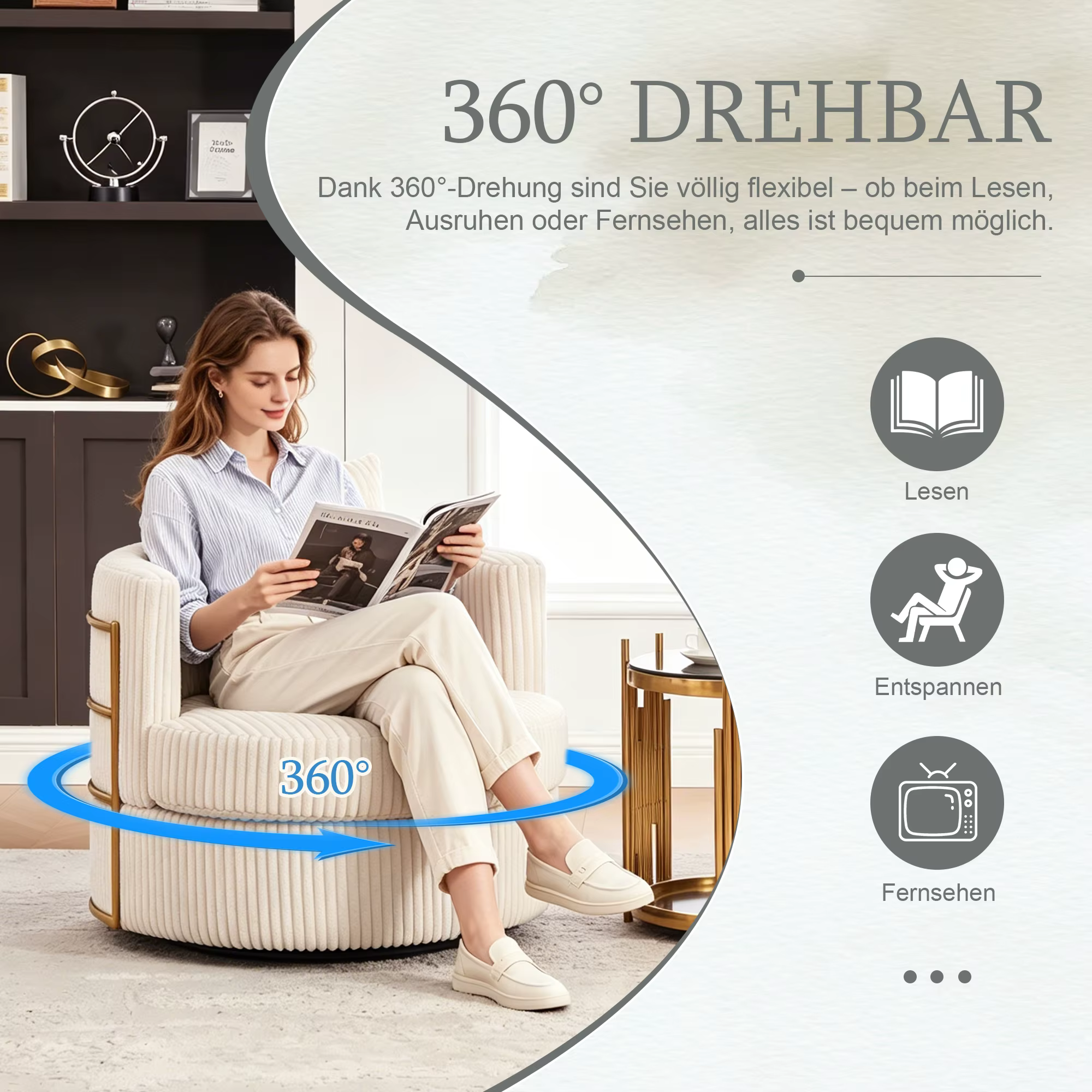 Naine istub beežil 360° pöörataval tugitoolil ja loeb raamatut, taustal elutuba