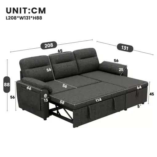 Modulaarne L-kujuline nurgadiivanvoodi panipaigaga | E-pood Tootemaailm Tumehall nurgadiivan voodifunktsiooniga, mõõtmed 208 x 131 x 88 cm