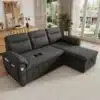Modulaarne L-kujuline nurgadiivanvoodi panipaigaga | E-pood Tootemaailm Hallikangast nurgadiivan chaise lounge-osaga elutoas, käetoe USB-laadimisava ja hoiutaskuga