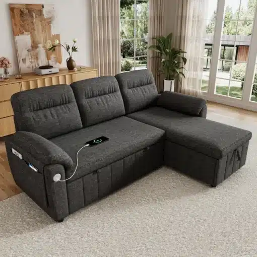 Modulaarne L-kujuline nurgadiivanvoodi panipaigaga | E-pood Tootemaailm Hallikangast nurgadiivan chaise lounge-osaga elutoas, käetoe USB-laadimisava ja hoiutaskuga