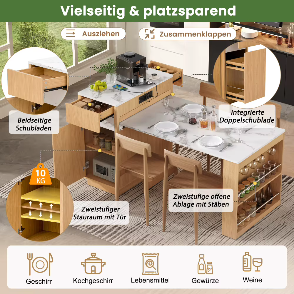 Köögisaar ratastel laiendatava tööpinna ja hoiukapiga