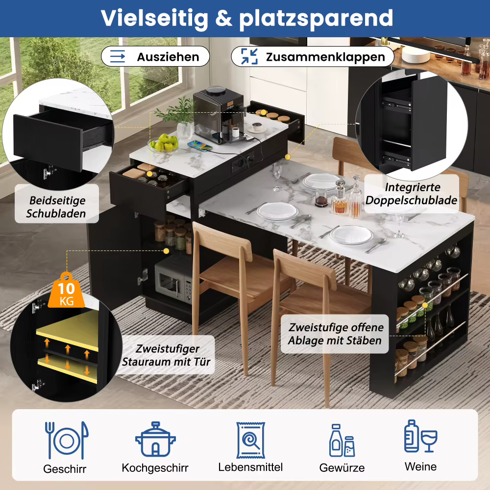 Köögisaar ratastel laiendatava tööpinna ja hoiukapiga