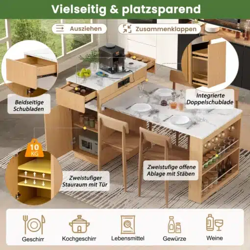 Köögisaar ratastel laiendatava tööpinna ja hoiukapiga | E-pood Tootemaailm Puidust köögisaarega sisustus, väljatõmmatavad lauaplaadid, sahtlid ja avatud riiulid