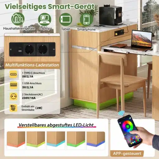 Köögisaar ratastel laiendatava tööpinna ja hoiukapiga | E-pood Tootemaailm Mitmeotstarbeline Smart-laadimisjaam pistikupesade, USB-C ja USB pordiga ning reguleeritava LED-valgustusega