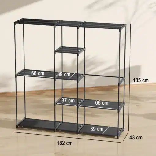 Avatud riidekapp riputustorude ja hoiuriiulitega | E-pood Tootemaailm Mustast metallraamist riiul koos mitme tasapinnaga, mõõdud 182 x 43 x 185 cm