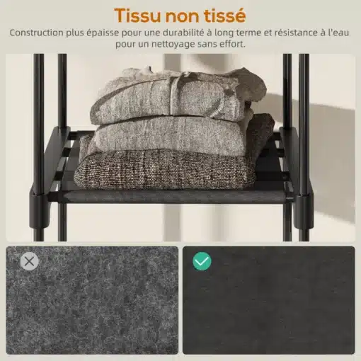 Avatud riidekapp riputustorude ja hoiuriiulitega | E-pood Tootemaailm Mittekootud kangas riiulil, näidatud halli materjali tekstuur ja vastupidavam pind