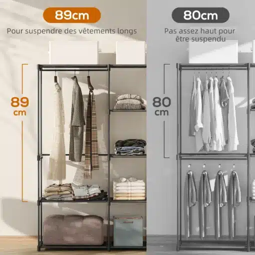 Avatud riidekapp riputustorude ja hoiuriiulitega | E-pood Tootemaailm Riidekapp-korraldaja võrdlus: 89 cm kõrgus sobib pikkadele rõivastele, 80 cm kõrgus jääb liiga madalaks