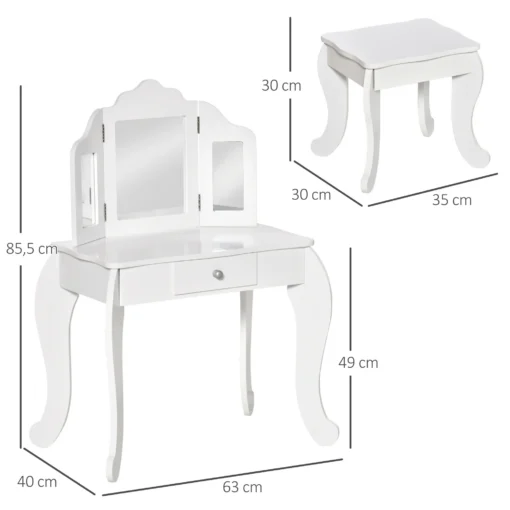 Laste tualettlaud peegli, tabureti ja sahtliga | E-pood Tootemaailm Valge tualettlaud peegli ja sahtliga, mõõdud 63 x 40 x 85,5 cm, taburet 35 x 30 x 30 cm