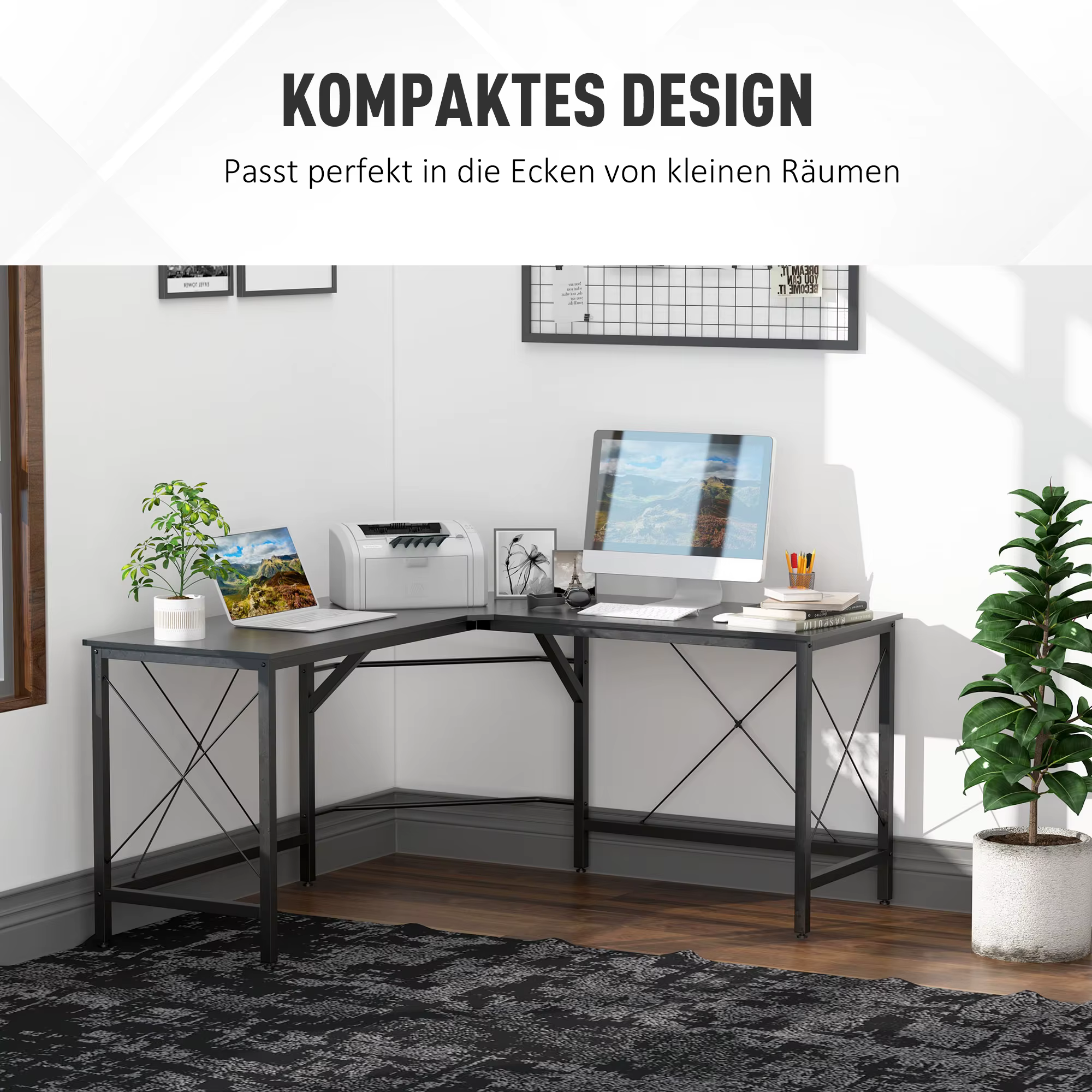Nurgaga kompaktne must töölaud, sobib väikestesse ruumidesse