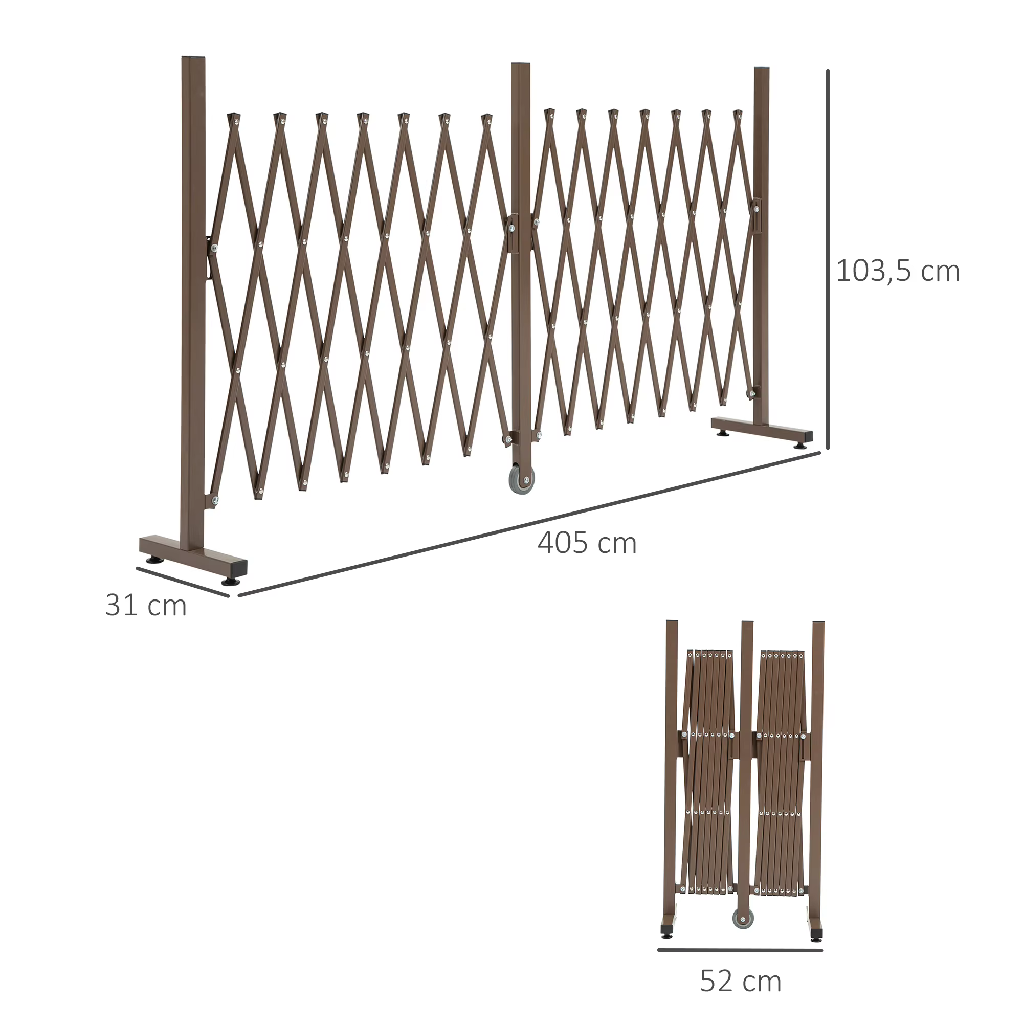 Pikendatav pruun metallist värav, laius 405 cm, kõrgus 103,5 cm, sügavus 31 cm