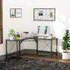L-kujuline nurgalaud kodukontorisse ja mängimiseks 150 × 150 cm | E-pood Tootemaailm Nurgaga must metallraamiga kirjutuslaud kodukontoris, monitori, printeri ja taimede ning seinatahvliga