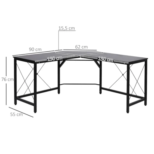 L-kujuline nurgalaud kodukontorisse ja mängimiseks 150 × 150 cm | E-pood Tootemaailm Must nurgalaud mõõtudega 150 x 150 cm, kõrgus 76 cm, must metallraam ja riiulitega konstruktsioon
