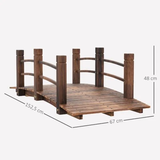 Aiasild tiigi kohale käsipuudega 152,5 cm | E-pood Tootemaailm Puidust aiakese sild mõõtudega 152,5 x 67 x 48 cm, kaartega piirded ja tume viimistlus