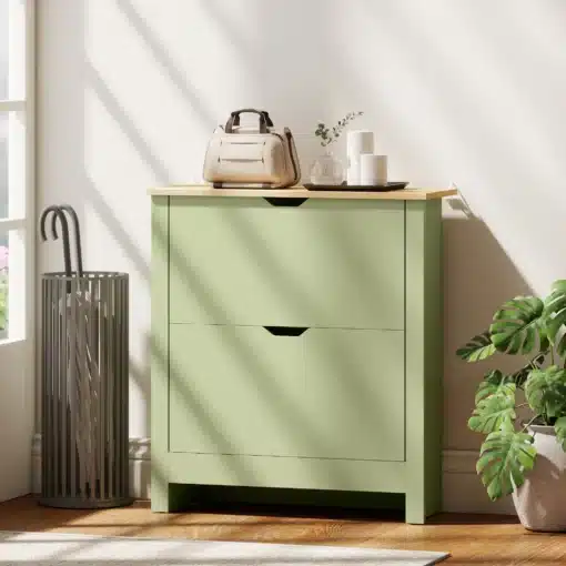 Kingakapp kahe kallutatava sahtliga 72 x 26 x 80 cm | E-pood Tootemaailm Roheline kahe sahtliga kingakapp puidust pealsega interjööris