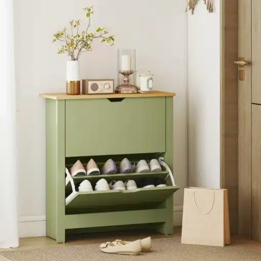 Kingakapp kahe kallutatava sahtliga 72 x 26 x 80 cm | E-pood Tootemaailm Roheline kingakapp puitplaadiga, avatud kingariiul ja ülemisel pinnal dekoratsioonid esikus