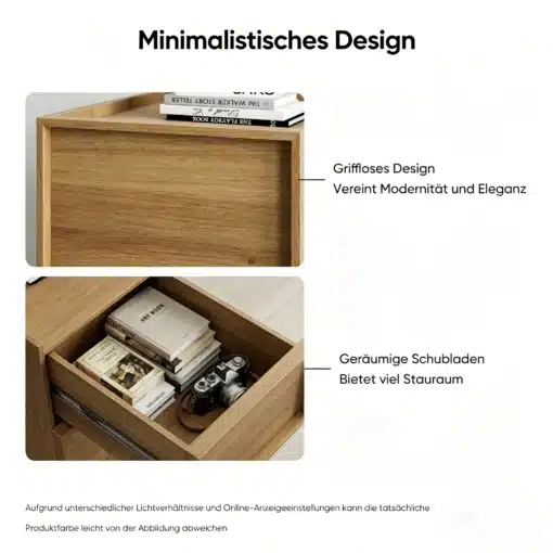 Öökapp kahe sahtliga | E-pood Tootemaailm Minimalistlik puidust öökapp sahtliga, peal raamatud ja avatud sahtel hoiuruumiga