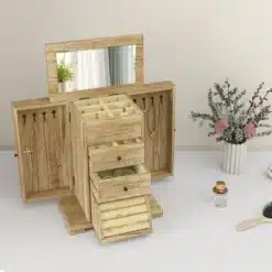 Puidust ehete hoiukapp peegli, sahtlite ja avatud külgkappidega