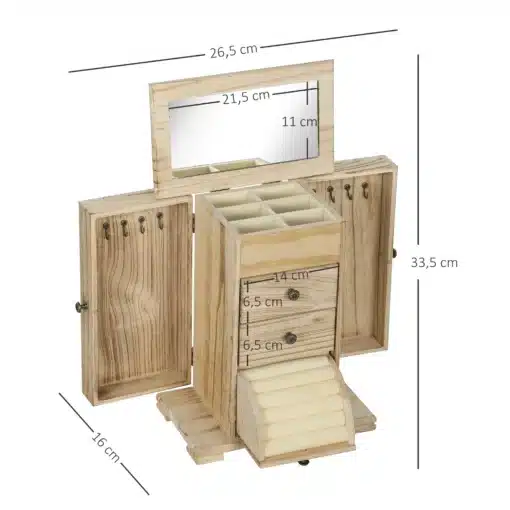 Ehtekarp peegli, sahtlite ja kaelakeehoidikutega | E-pood Tootemaailm Puidust ehtelaegas peegliga, sahtlite ja rõngarulliga, avatud ustega ning mõõtudega 26,5 x 16 x 33,5 cm