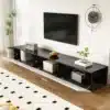 TV-alus 16 värvi LED-valgustusega, 180 cm | E-pood Tootemaailm Mustast läikivast viimistlusega madal TV-kapp seinal rippuva televiisori all, avatud riiulitega.