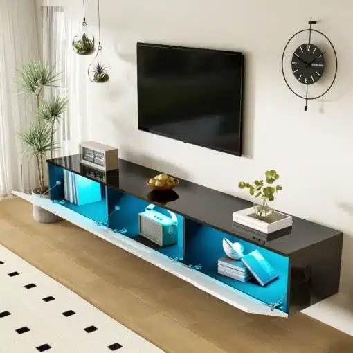 TV-alus 16 värvi LED-valgustusega, 180 cm | E-pood Tootemaailm Must TV-alus sinise sisemuse ja klaasustega, seinal televiisori all